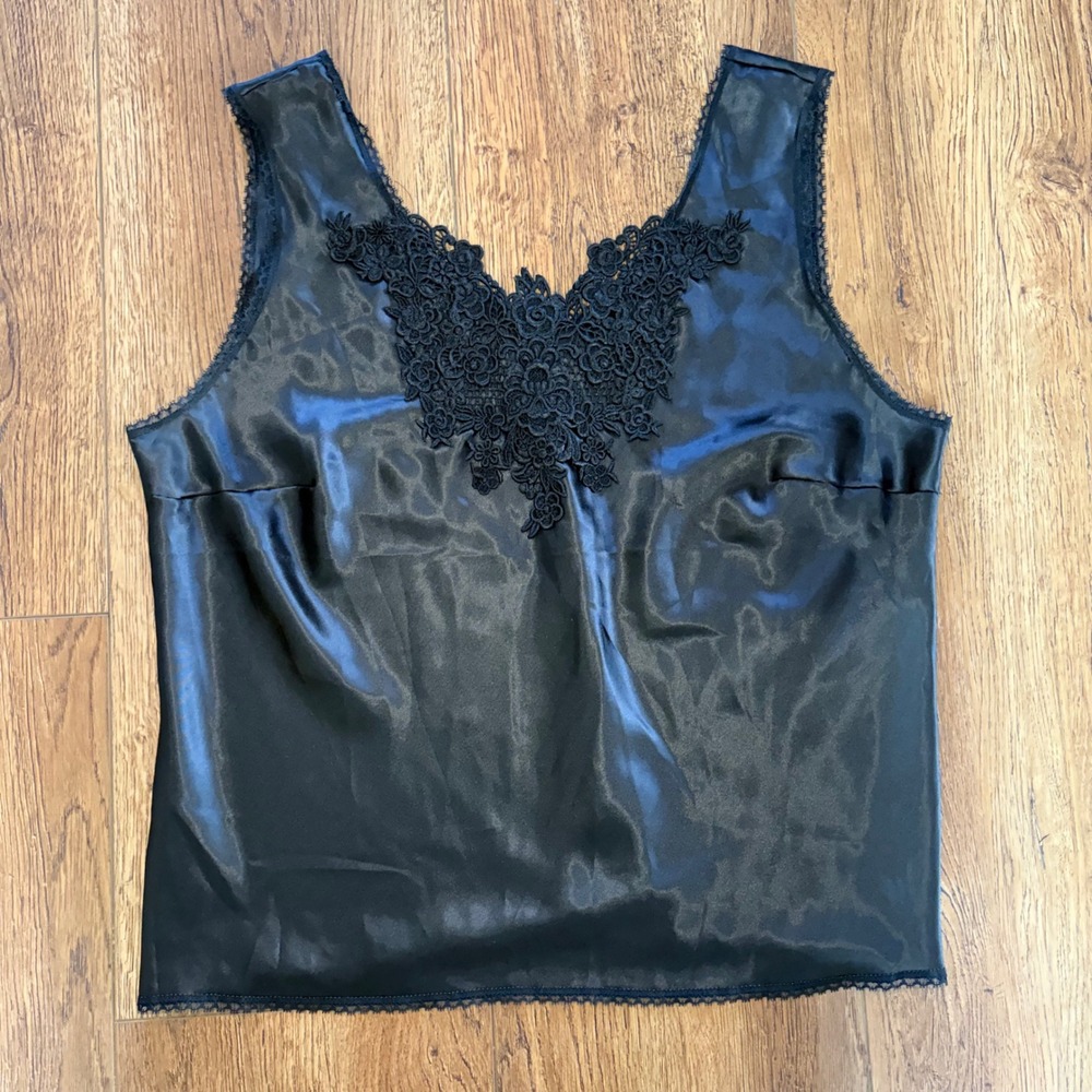 90s Escapades Black Satin Lace Trim Camisole Womens 1X Made in USA Fairy Whimsy
